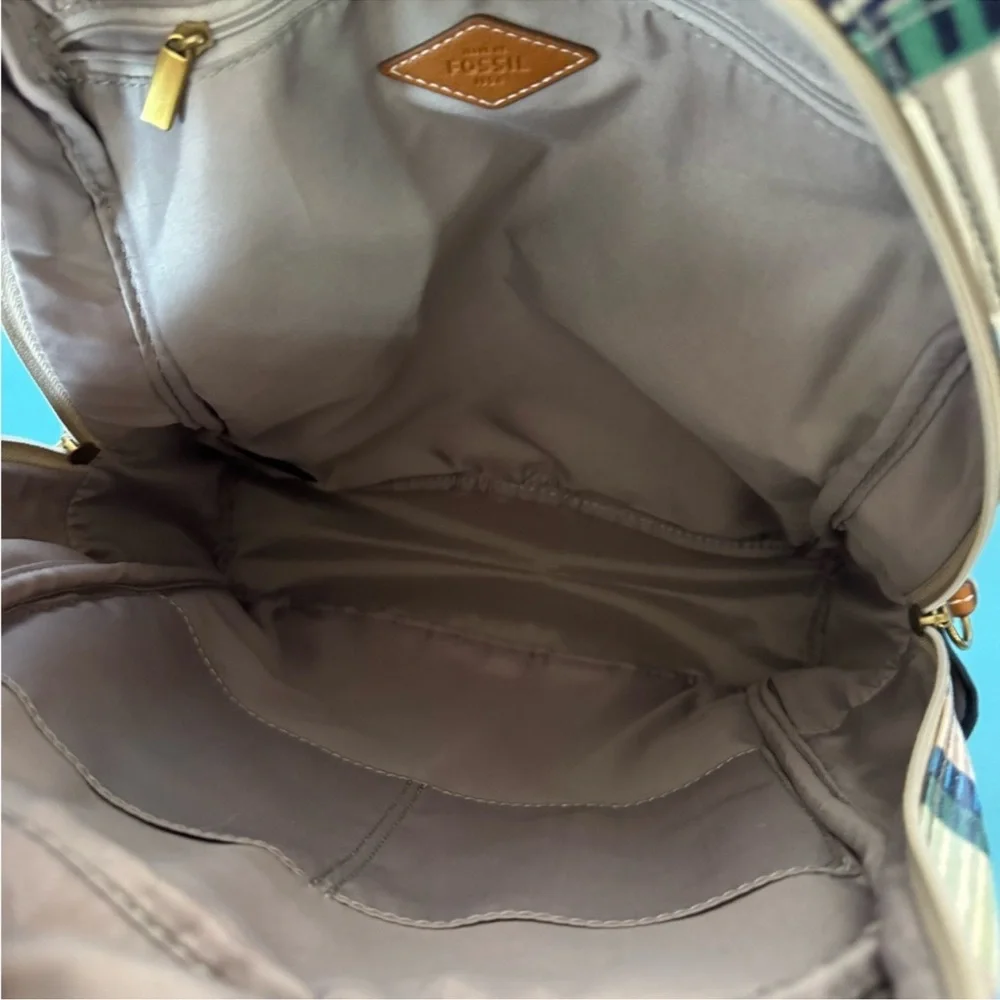 Fossil Elina Striped Coated Canvas Backpack, with Leather Trim Retail $275